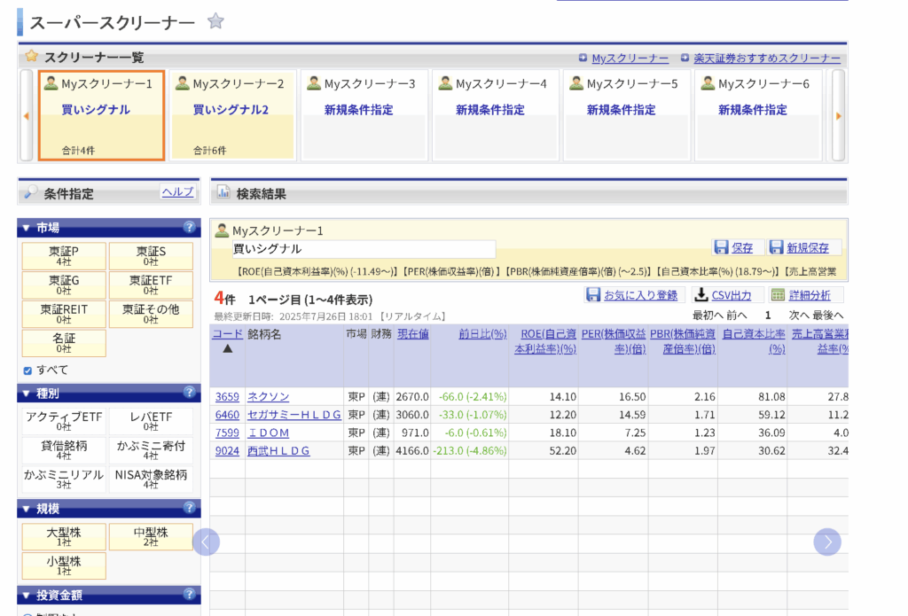 楽天証券のスーパースクリーナーの画面。買いシグナルを設定してスイング投資の銘柄を抽出。AIに投資銘柄を選定してもらいます。